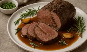Pieczony comber z sarny, pokrojony w plastry, podany z sosem, rozmarynem i czosnkiem.
