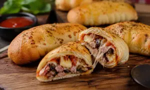 Złociste pierogi pizza z ciągnącym serem, szynką i pieczarkami, podane na desce z sosem pomidorowym.