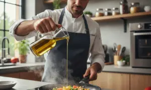 Szef kuchni dodaje do warzyw na patelni najlepszą oliwę do smażenia. Para unosi się znad dania.
