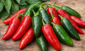 Kupa czerwonych i zielonych papryczek jalapeno na drewnianym tle.