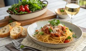 Pyszne spaghetti z tuńczykiem po włosku, podane z chrupiącym pieczywem, sałatką i kieliszkiem białego wina.