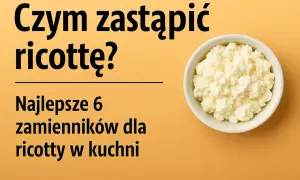 Biała miseczka z sypką masą, przypominającą ser. Tekst pyta "Czym zastąpić ricottę?", sugerując najlepsze zamienniki, w tym ricotta bez laktozy.