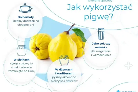 Trzy żółte owoce pigwy na tle grafiki z ikonami i tekstem o jej zastosowaniach.