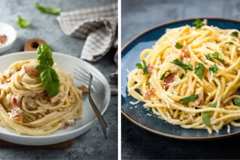 Dwa apetyczne włoskie dania z makaronem: spaghetti carbonara na białym talerzu z bazylią i na niebieskim talerzu z natką pietruszki.