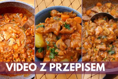 Aromatyczny gulasz z pieczarkami, mięsem i warzywami, gotowy do podania. Idealny na obiad.