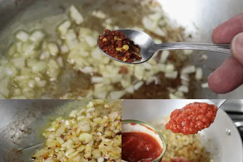 Przygotowanie sosu do **pasta amatriciana**: podsmażana cebula, płatki chili i pomidory z puszki.
