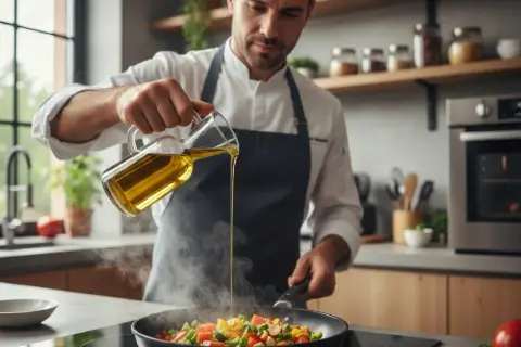 Szef kuchni dodaje do warzyw na patelni najlepszą oliwę do smażenia. Para unosi się znad dania.