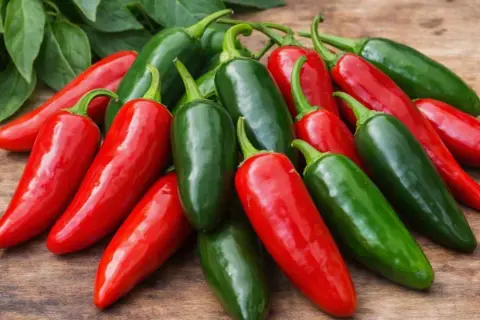 Kupa czerwonych i zielonych papryczek jalapeno na drewnianym tle.