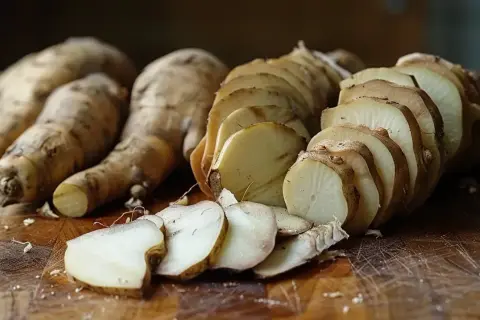 Całe i pokrojone w plastry bulwy topinamburu na drewnianej desce. Widać ich jasny miąższ i brązową skórkę.