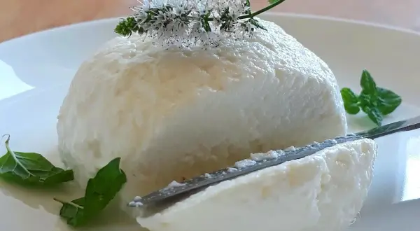 Puszysta, domowa ricotta na talerzu, ozdobiona kwiatami mięty. Nóż delikatnie kroi ser, odsłaniając jego kremową konsystencję.