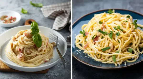 Dwa apetyczne włoskie dania z makaronem: spaghetti carbonara na białym talerzu z bazylią i na niebieskim talerzu z natką pietruszki.