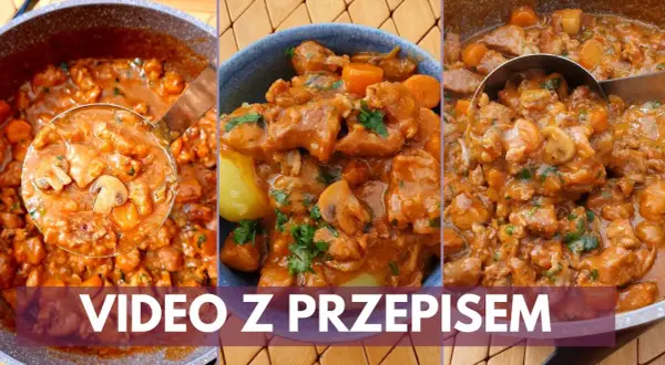 Aromatyczny gulasz z pieczarkami, mięsem i warzywami, gotowy do podania. Idealny na obiad.