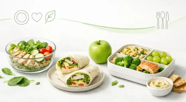 Idealny makaron na zimno do pracy: wrap z kurczakiem i warzywami, sałatka z komosą ryżową, jabłko i lunchbox z łososiem, brokułami i winogronami.