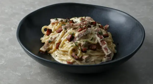 Pyszny przepis na carbonare: spaghetti z kremowym sosem, boczkiem i natką pietruszki w ciemnej misce.