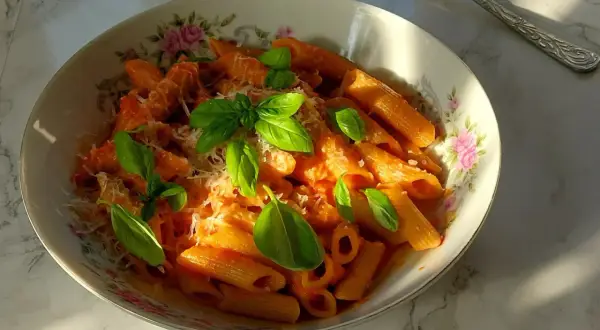 Penne arrabiata z bazylią i parmezanem, podane w ozdobnej misce.