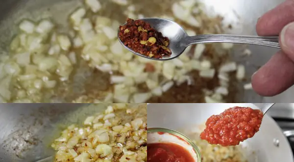 Przygotowanie sosu do **pasta amatriciana**: podsmażana cebula, płatki chili i pomidory z puszki.
