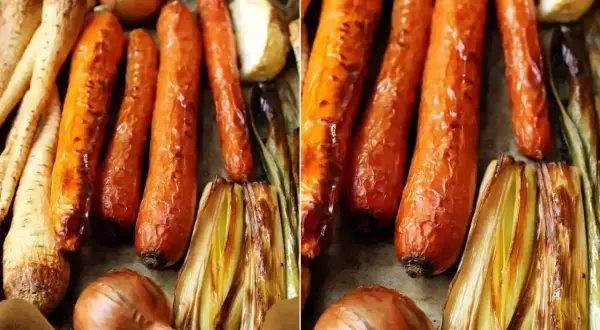 Pieczenie warzyw na rosół: marchewki, pietruszka, cebula i por nabierają apetycznego koloru.