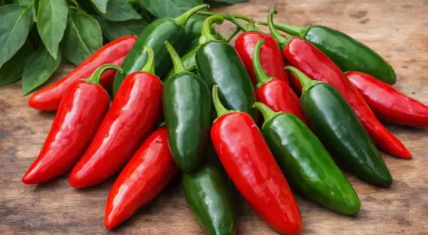 Kupa czerwonych i zielonych papryczek jalapeno na drewnianym tle.
