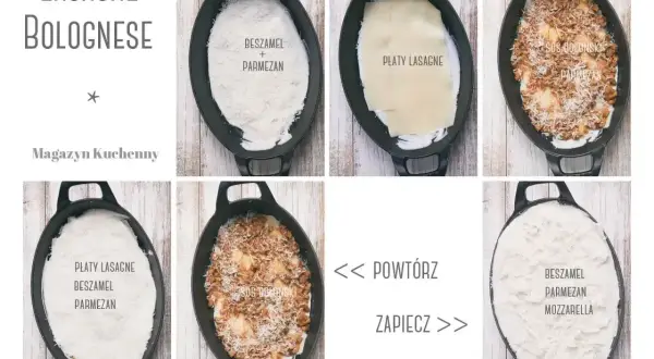 Jak wygląda lazania: warstwy beszamelu, makaronu, sosu bolońskiego i parmezanu układane w naczyniu.