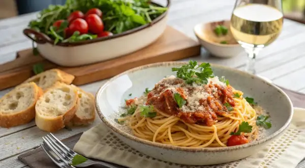 Pyszne spaghetti z tuńczykiem po włosku, podane z chrupiącym pieczywem, sałatką i kieliszkiem białego wina.