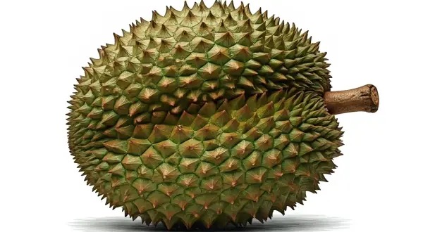 Kolczasty owoc durian, znany po angielsku jako durian, z charakterystycznym ogonkiem.