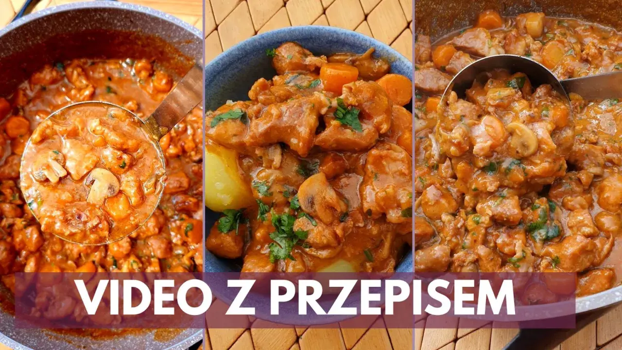 Aromatyczny gulasz z pieczarkami, mięsem i warzywami, gotowy do podania. Idealny na obiad.