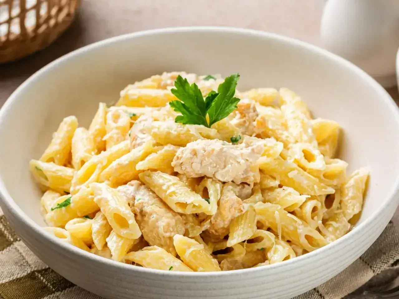 Pyszne danie z makaronem penne w kremowym sosie z kurczakiem, udekorowane natką pietruszki.