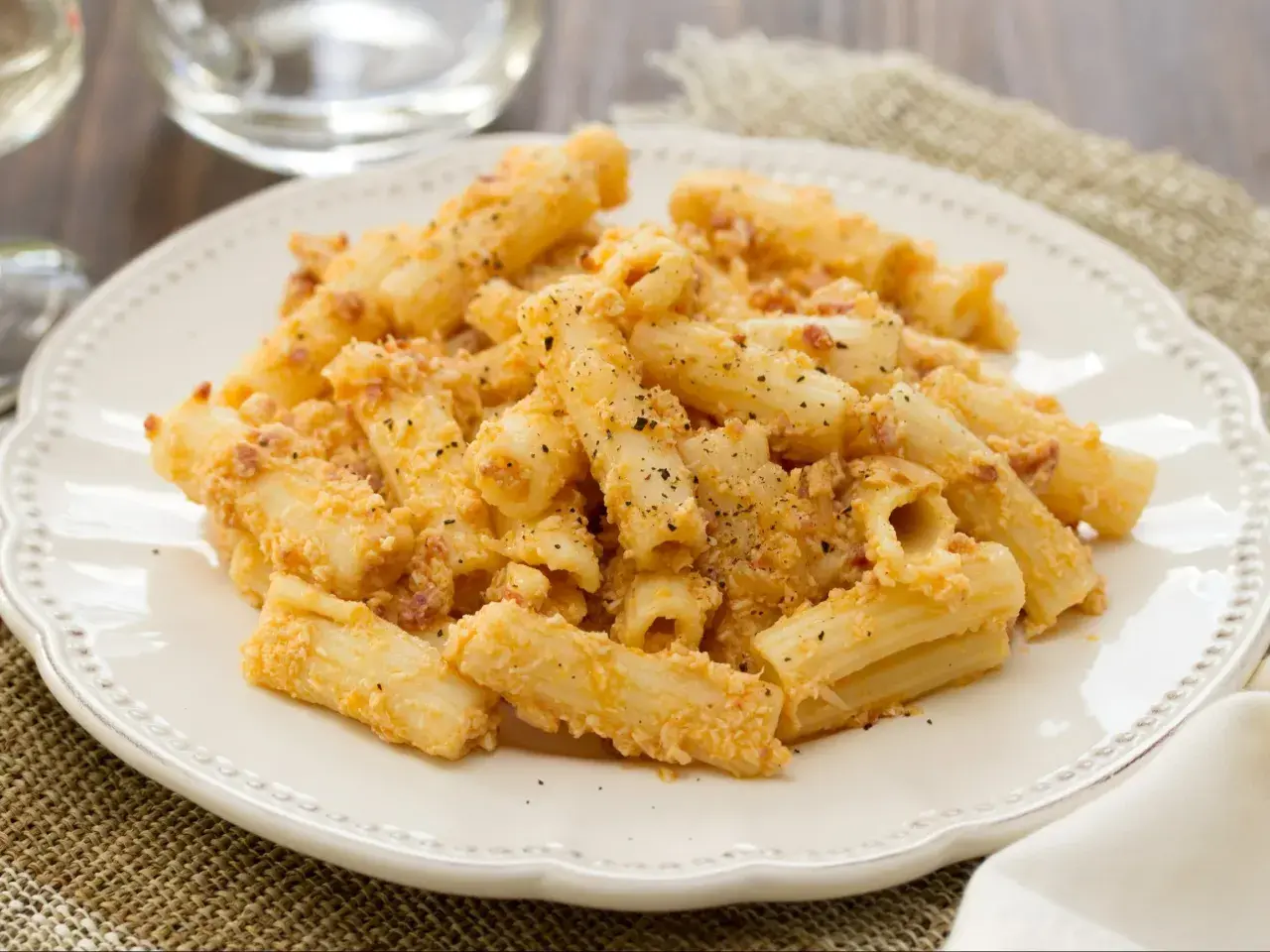 Penne po włosku z kremowym sosem i kawałkami boczku, posypane parmezanem i pieprzem.