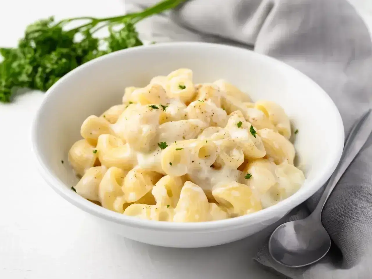 Miseczka kremowego mac and cheese, posypana natką pietruszki, obok łyżka i zielona gałązka.
