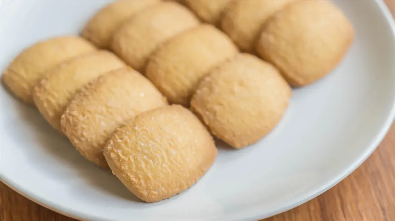 Na białym talerzu ułożone są złociste kocie języczki, posypane cukrem.