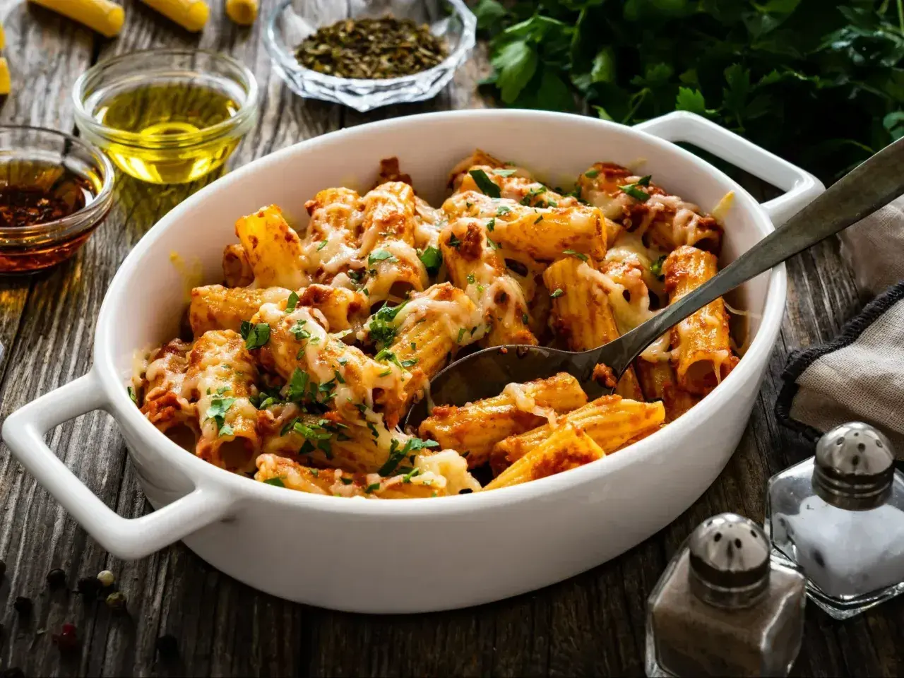 Pyszny obiad z mięsa mielonego: makaron rigatoni zapieczony z sosem bolońskim i ciągnącym serem, posypany świeżą natką pietruszki.