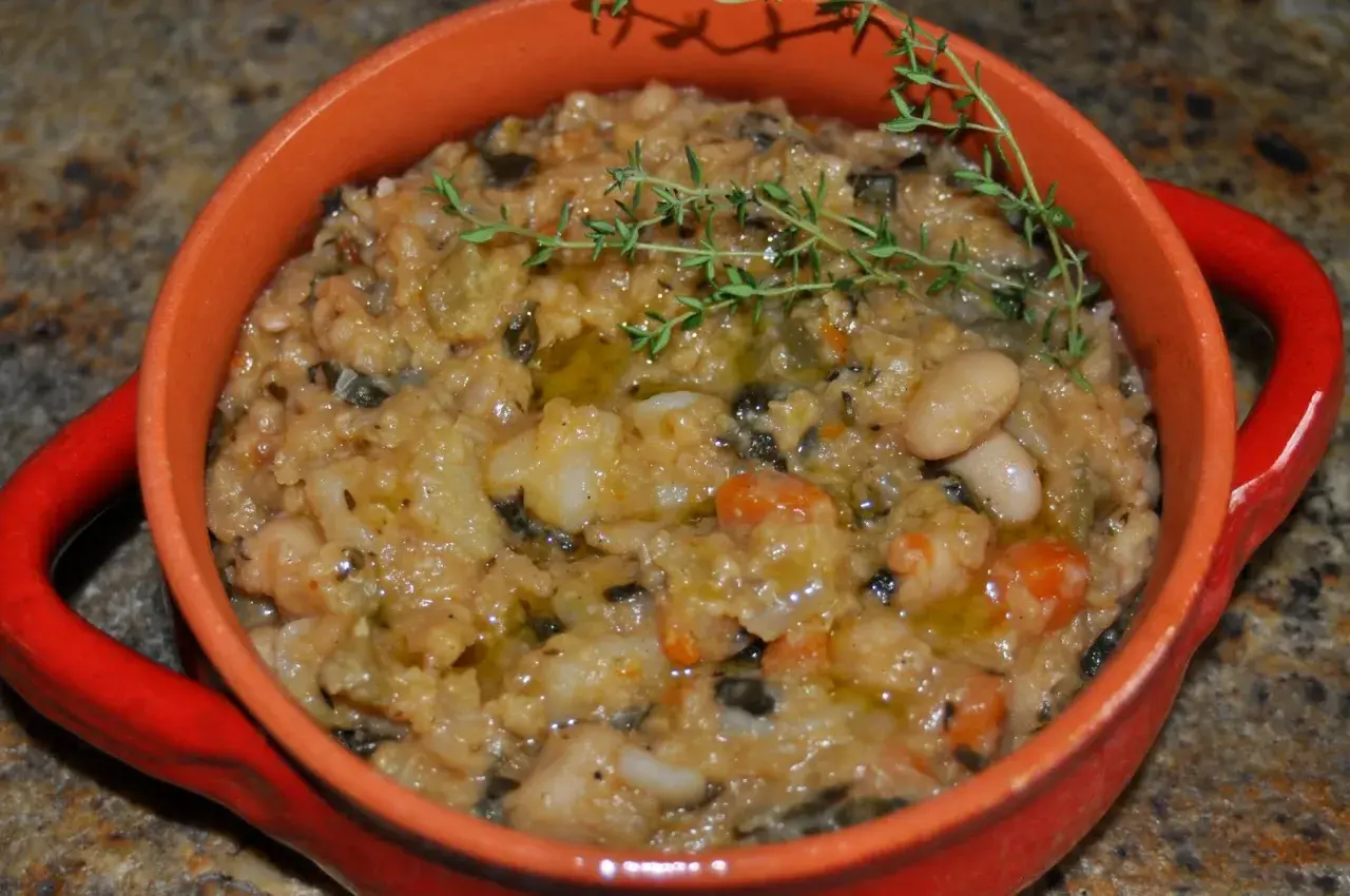 Gęsta, sycąca zupa ribollita z fasolą, warzywami i ziołami, podana w pomarańczowej miseczce.