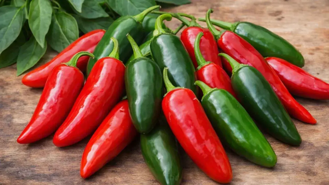 Kupa czerwonych i zielonych papryczek jalapeno na drewnianym tle.