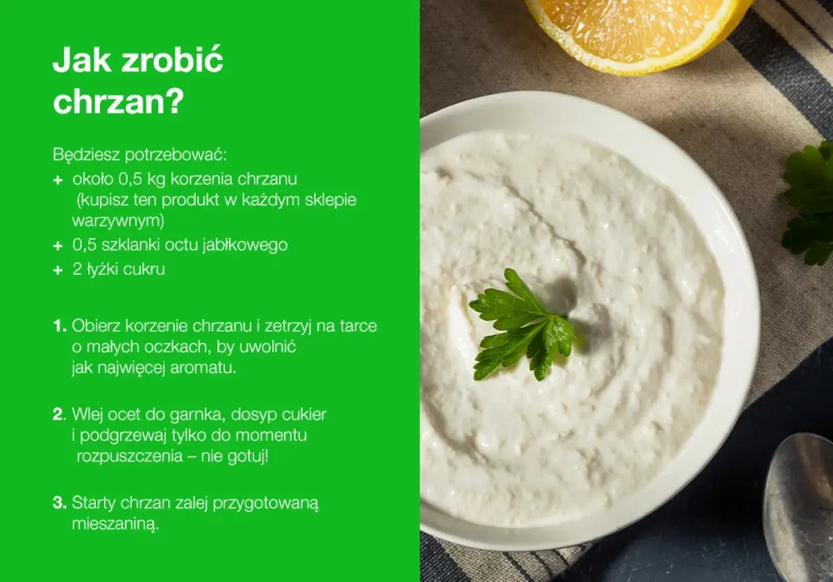 Domowy chrzan z jabłkowym octem i cukrem. Poznaj chrzan właściwości i jak go przygotować.