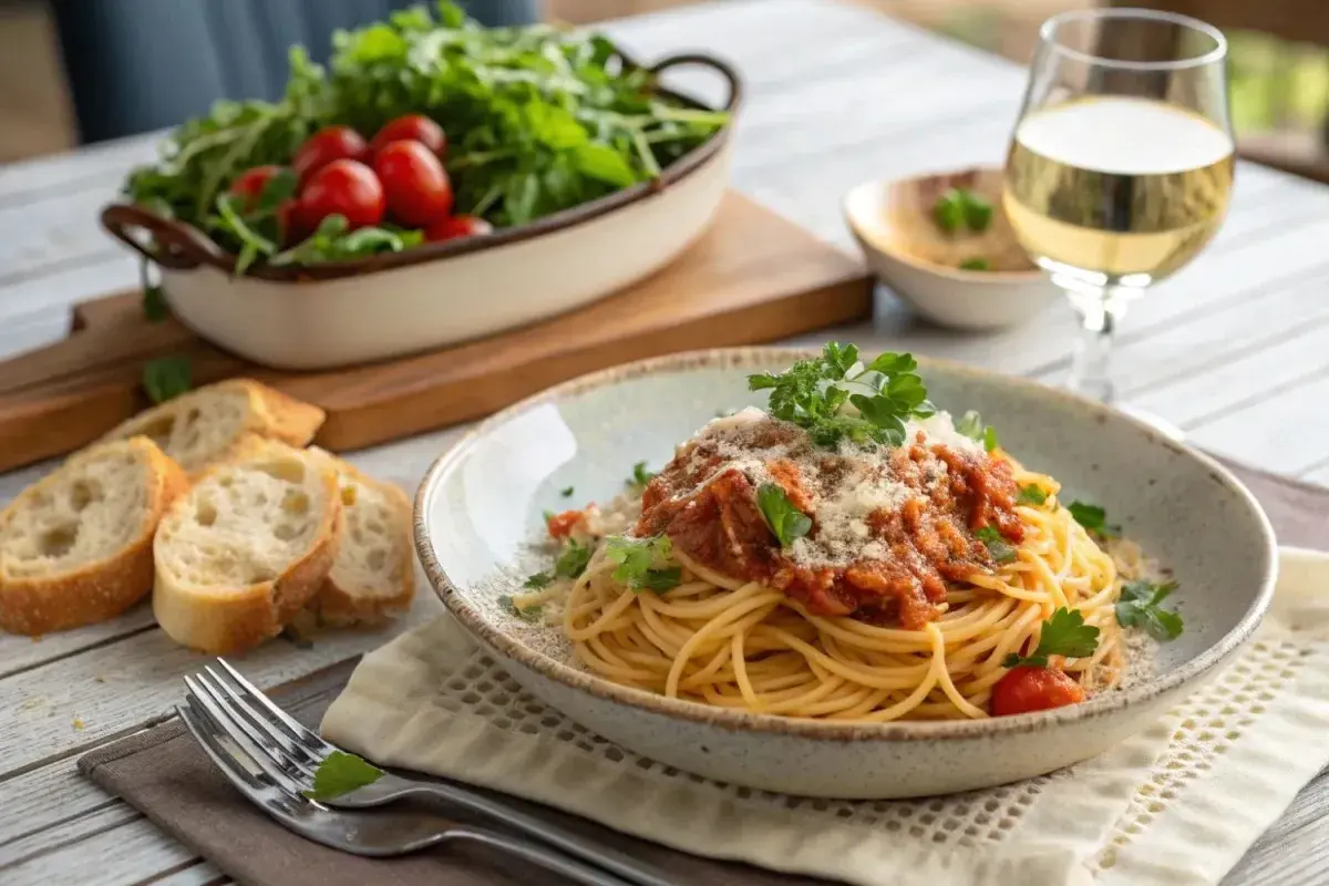 Pyszne spaghetti z tuńczykiem po włosku, podane z chrupiącym pieczywem, sałatką i kieliszkiem białego wina.