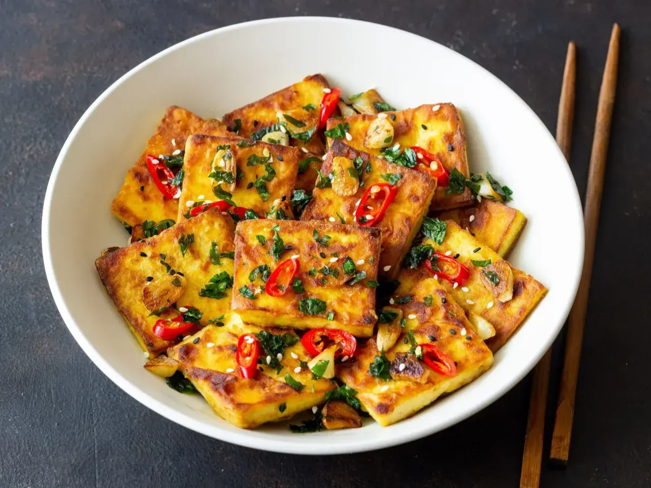 Złocisty, chrupiący tofu zmieniające życie, posypane chili, czosnkiem i sezamem. Pyszne danie, które odmieni Twoje spojrzenie na roślinne jedzenie.