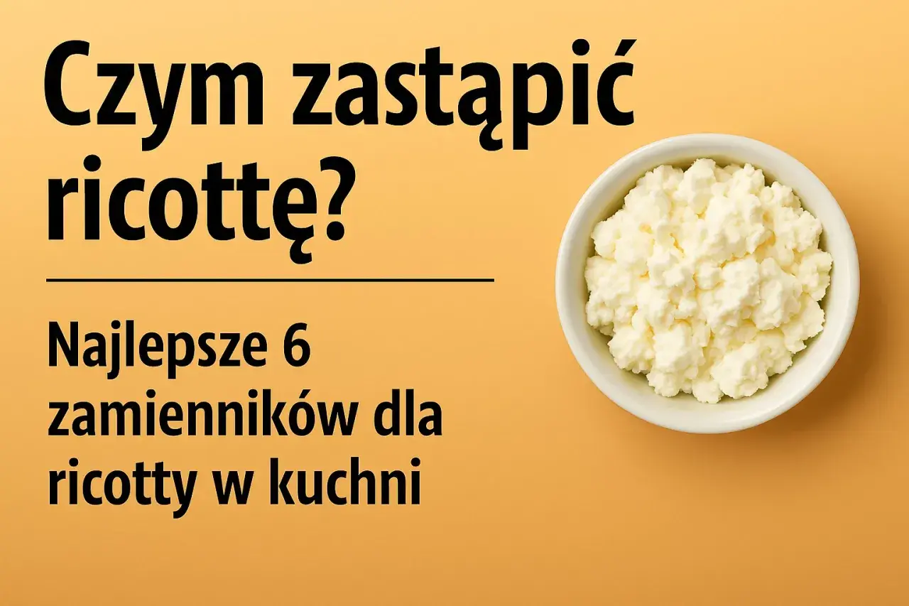 Biała miseczka z sypką masą, przypominającą ser. Tekst pyta "Czym zastąpić ricottę?", sugerując najlepsze zamienniki, w tym ricotta bez laktozy.