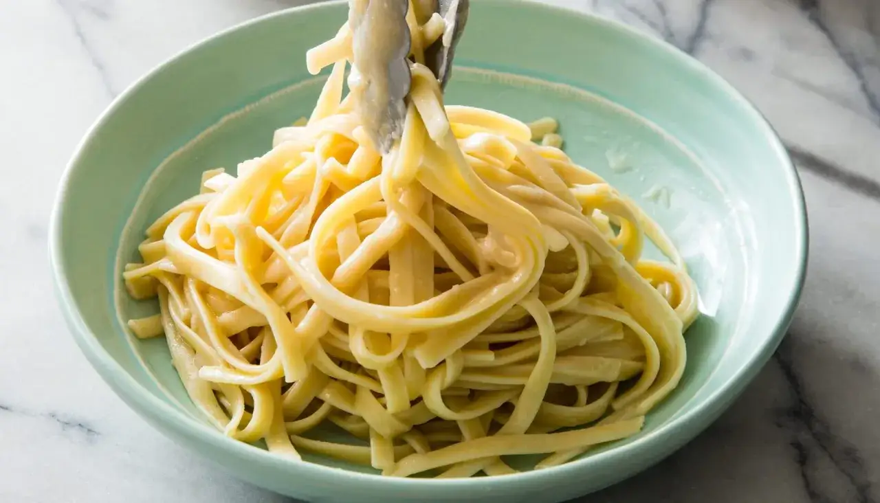 Porcja kremowego fettuccine alfredo w turkusowej misce, podana szczypcami.