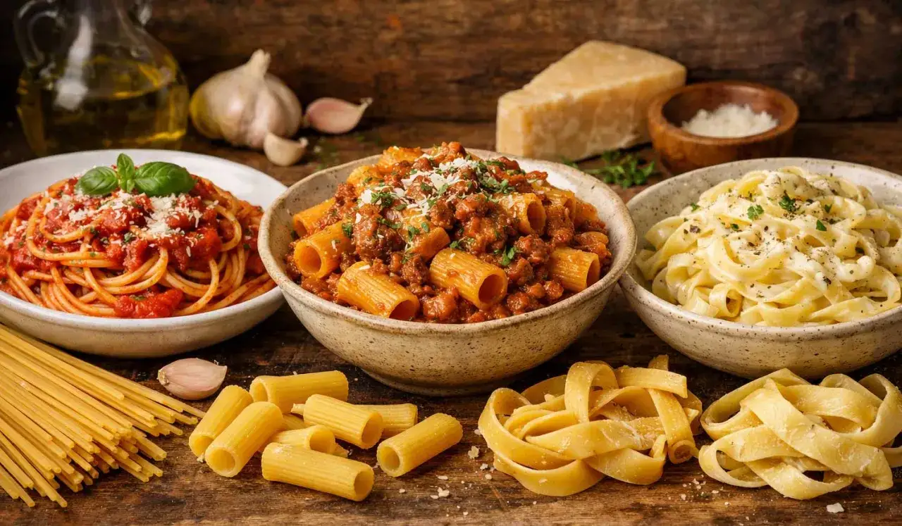 Różne rodzaje makaronu: spaghetti z sosem pomidorowym, rigatoni z mięsem mielonym, fettuccine alfredo. Na stole surowy makaron, czosnek i parmezan.