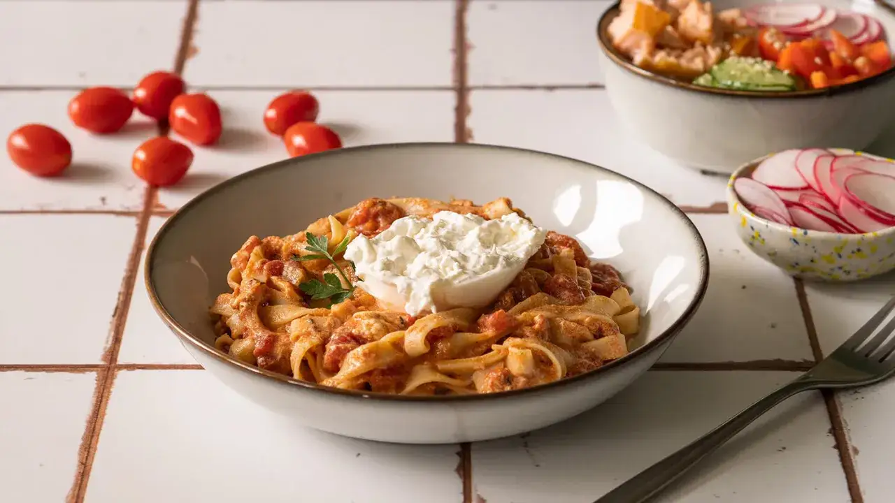 Pyszne tagliatelle z sosem pomidorowym i kremową burratą, udekorowane natką pietruszki. Obok miseczka z rzodkiewką i sałatką.