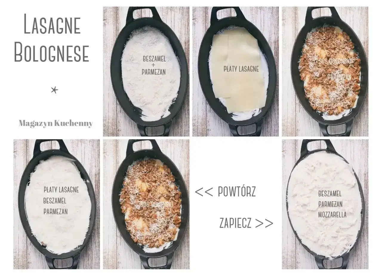 Przepis na lasagne bolognese: warstwy beszamelu, sosu bolońskiego, płatów lasagne i parmezanu. Powtórz i zapiecz.