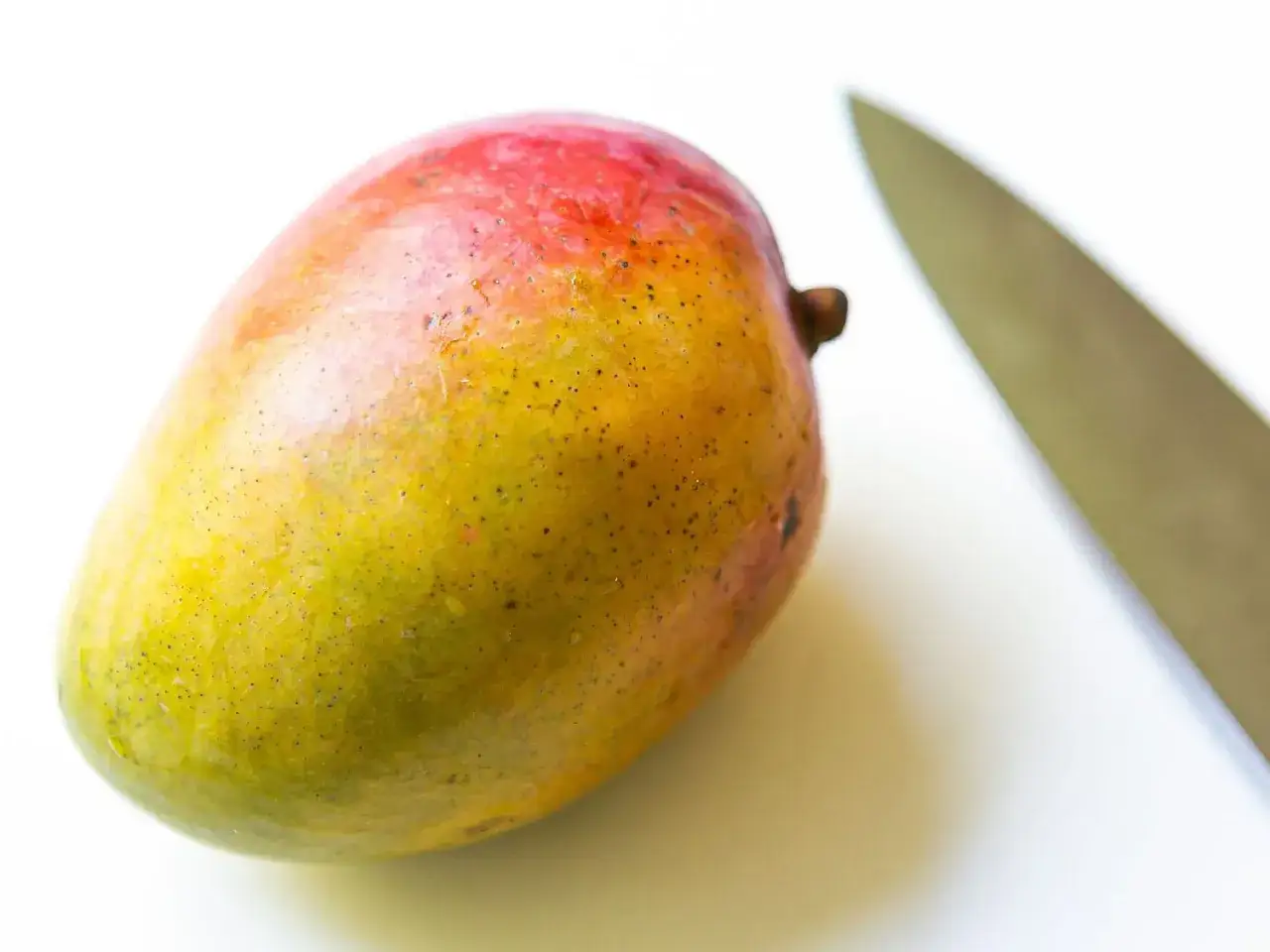 Dojrzałe mango obok noża. Jak sprawdzić czy mango jest dojrzałe? Skóra powinna być lekko miękka i pachnieć słodko.