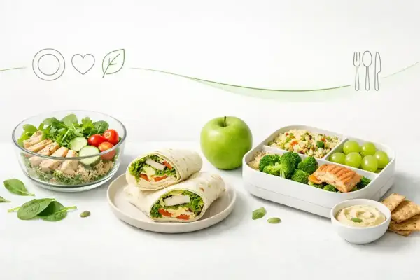 Idealny makaron na zimno do pracy: wrap z kurczakiem i warzywami, sałatka z komosą ryżową, jabłko i lunchbox z łososiem, brokułami i winogronami.