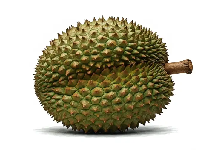 Kolczasty owoc durian, znany po angielsku jako durian, z charakterystycznym ogonkiem.